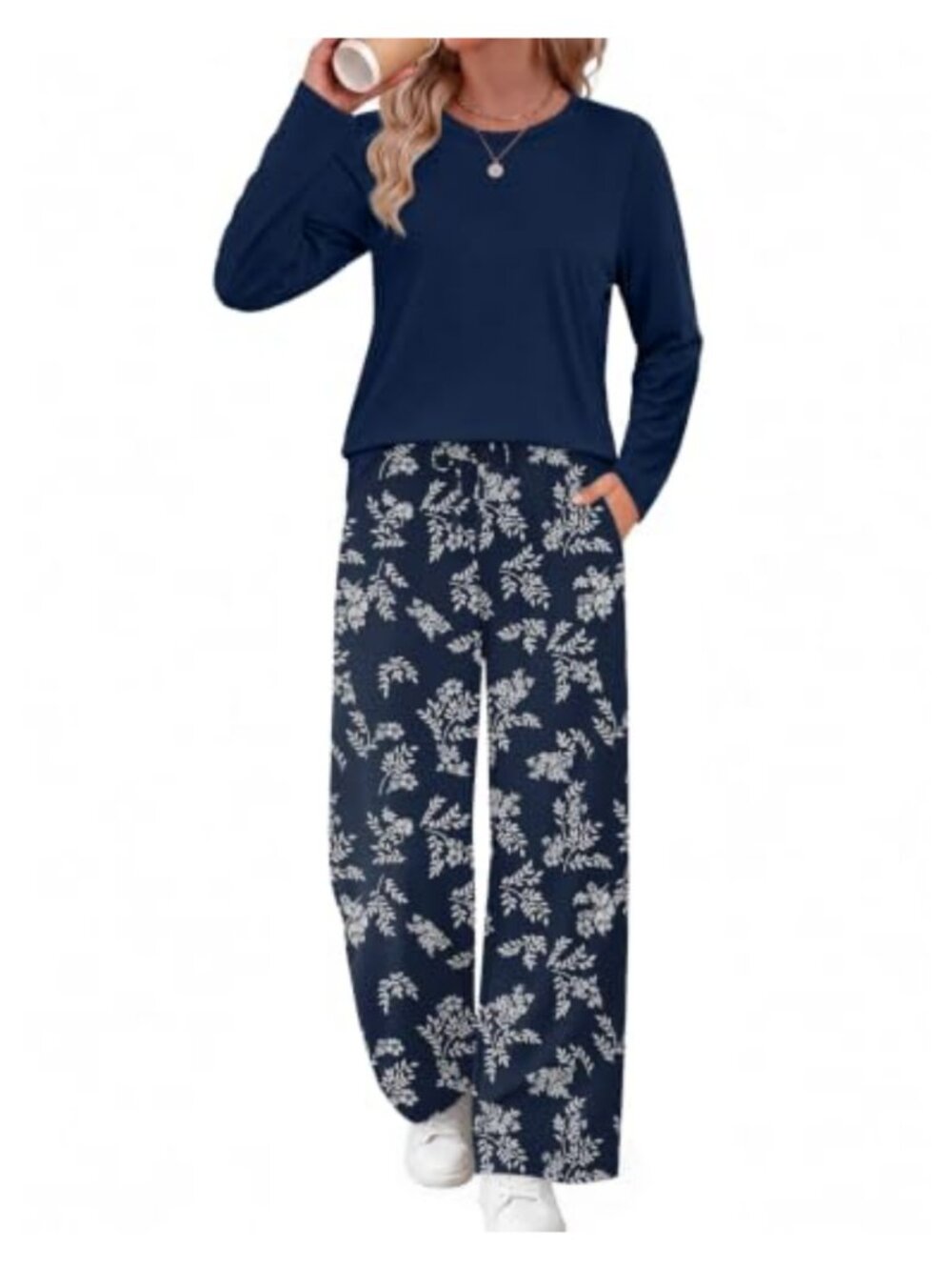 Two Piece Lounge Set Long Sleeve Wide Leg Pants Travel Outfit